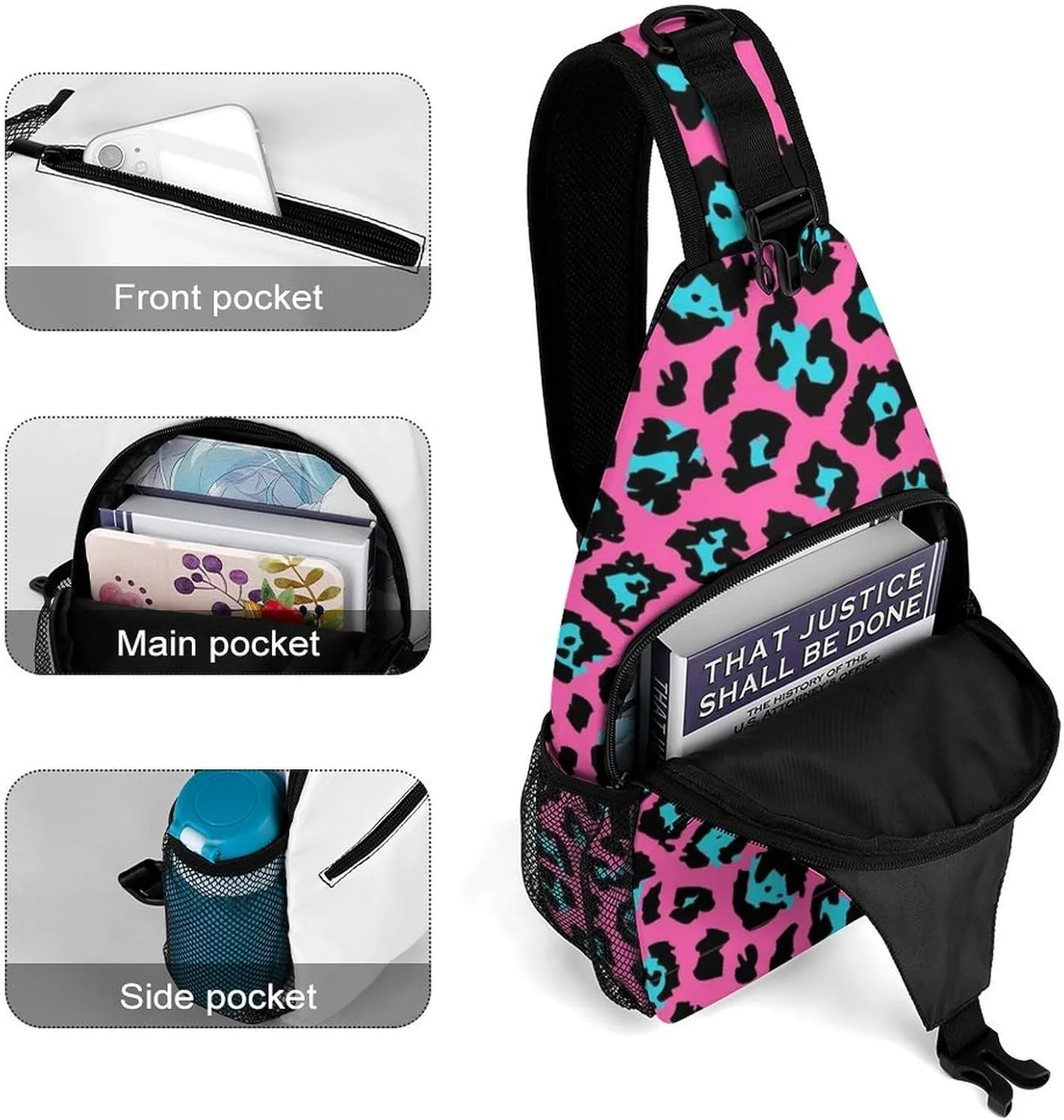 Pink Leopard Pattern Sling Backpack Man Women Crossbody Backpack Chest Bag Cycling Daypack Travel Bag Small Cross Body Bags Leisure Backpacks