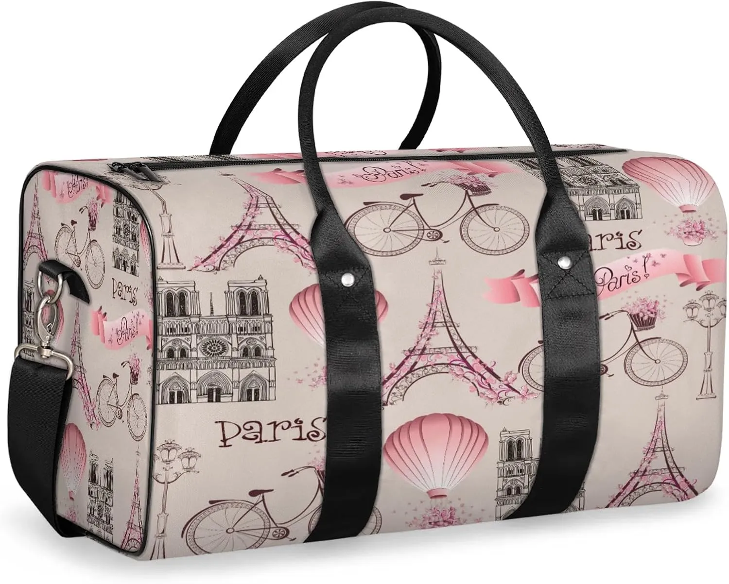 Pink Theme Paris Eiffel Tower Travel Duffle Bag for Women Men, Carry On Overnight Bag, Weekend Travel Duffel Tote Bags for Trips Sport Hospital