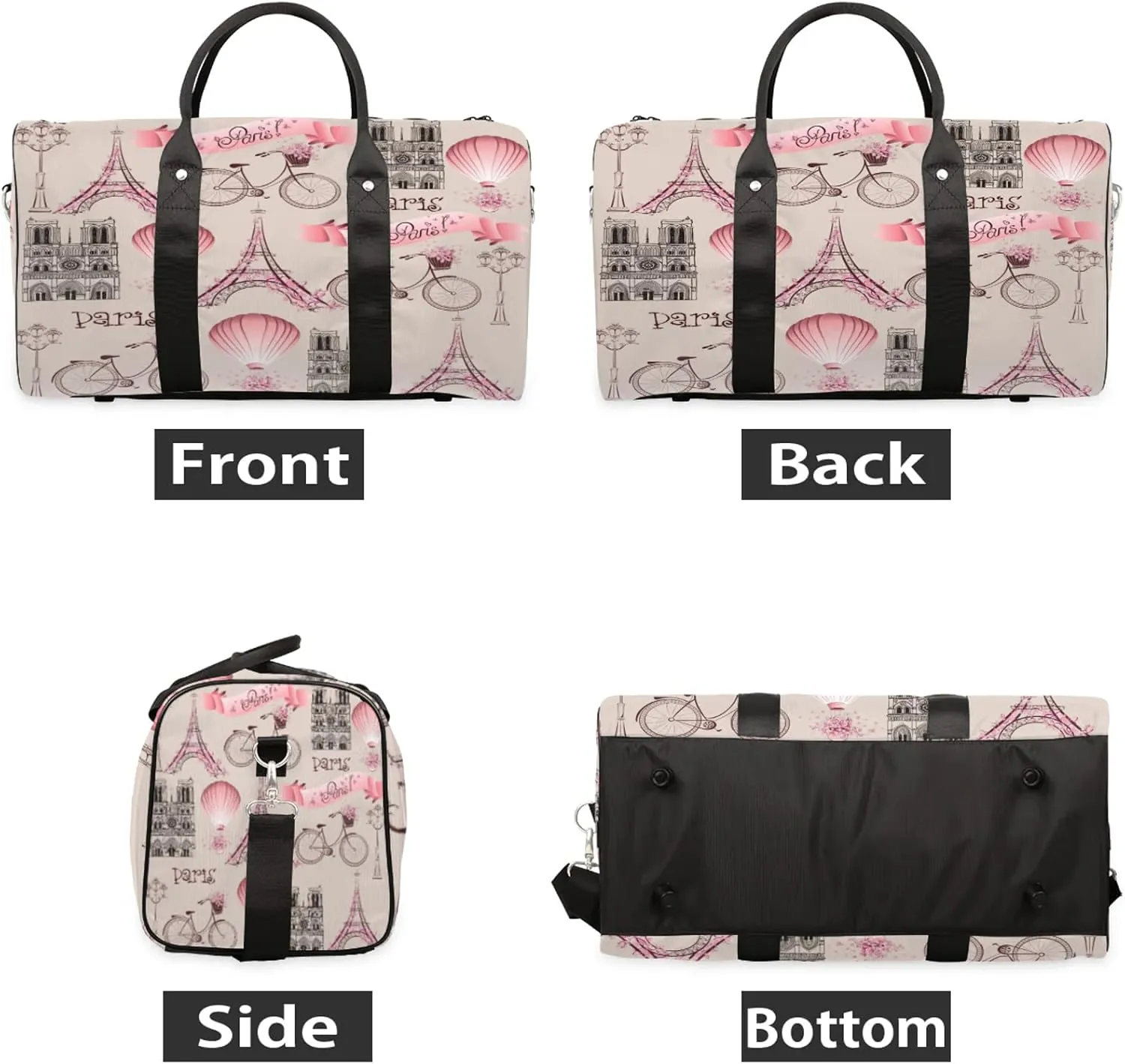 Pink Theme Paris Eiffel Tower Travel Duffle Bag for Women Men, Carry On Overnight Bag, Weekend Travel Duffel Tote Bags for Trips Sport Hospital