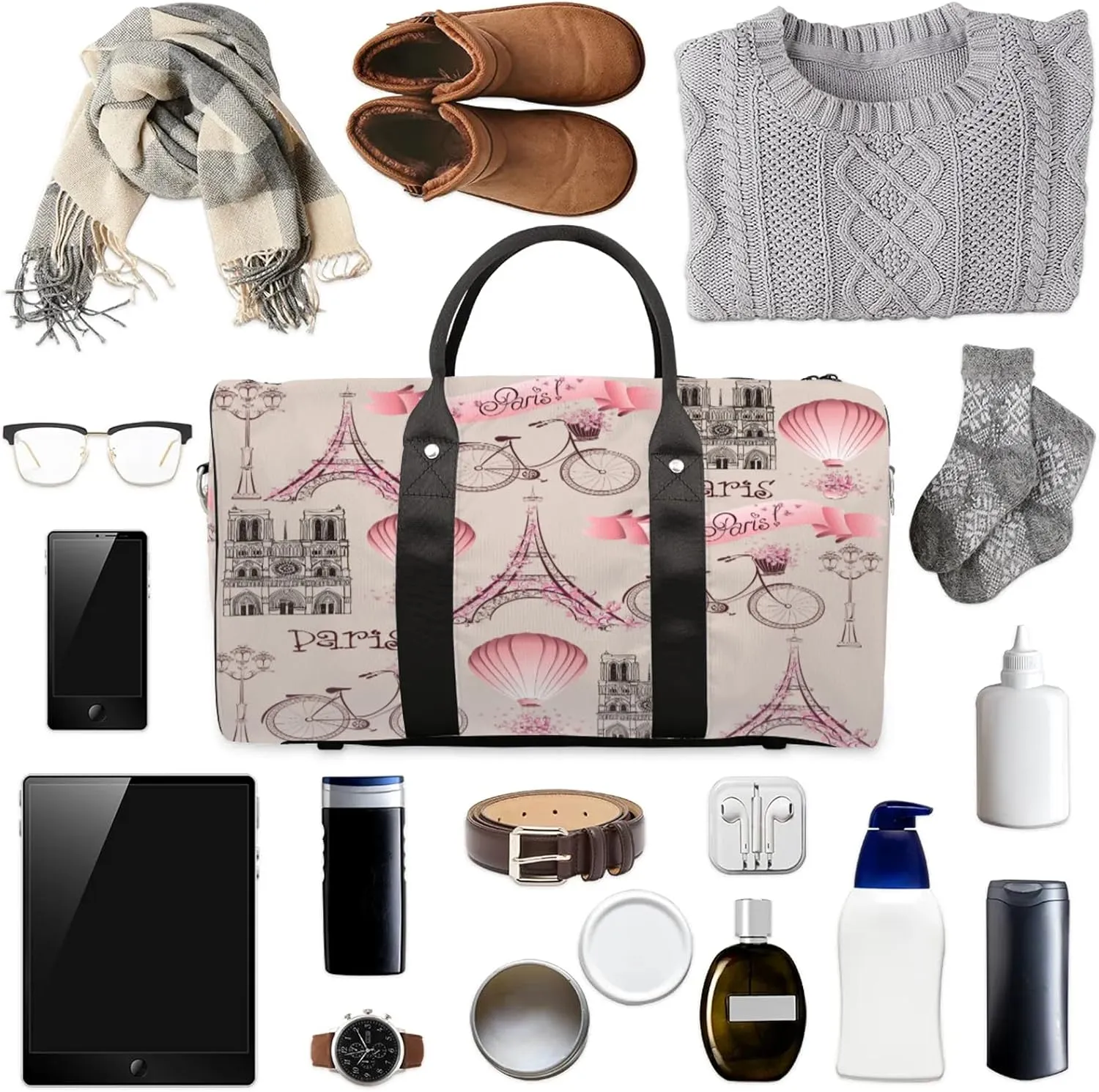 Pink Theme Paris Eiffel Tower Travel Duffle Bag for Women Men, Carry On Overnight Bag, Weekend Travel Duffel Tote Bags for Trips Sport Hospital