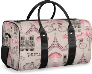 Pink Theme Paris Eiffel Tower Travel Duffle Bag for Women Men, Carry On Overnight Bag, Weekend Travel Duffel Tote Bags for Trips Sport Hospital