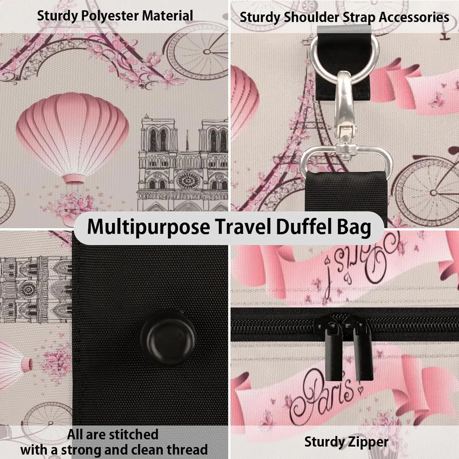 Pink Theme Paris Eiffel Tower Travel Duffle Bag for Women Men, Carry On Overnight Bag, Weekend Travel Duffel Tote Bags for Trips Sport Hospital