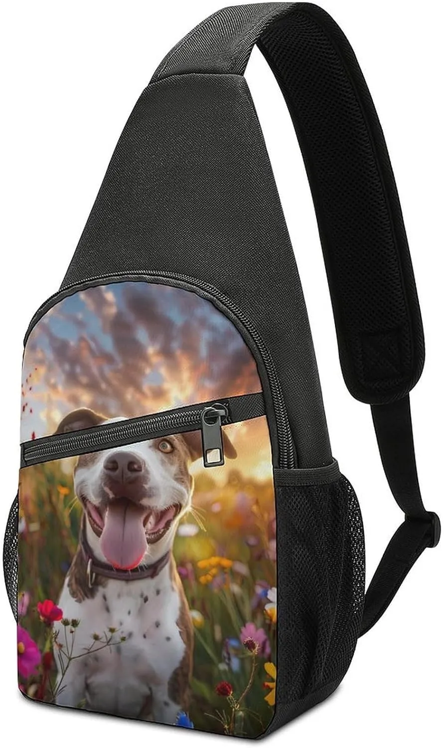 Pit-Bull Dog Flowers Casual Crossbody Bag Travel Shoulder Bag Hiking Chest Bag Sling Backpack with Pocket for Men Women
