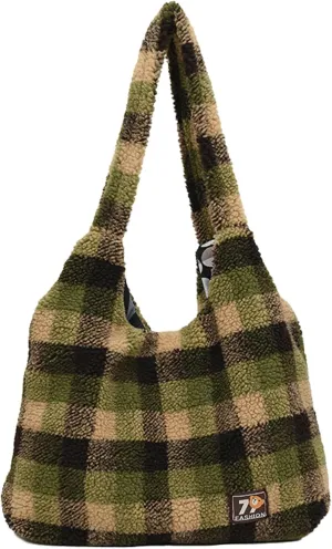 Plaid Fleece Tote Bag Women Colorful Checkered Winter Shoulder Bag Cozy Wooly Tote Versatile Handbag 2024 Fall Winter Fashion