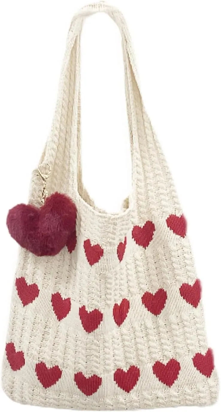 Pokn Heart Crochet Tote Bag Cute Purse for Women Cutecore Key Chain Y2K Accessories Valentines Aesthetic Handbags for Women