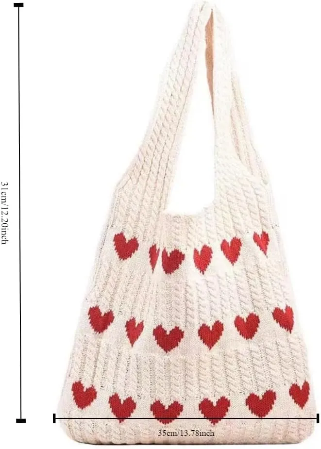 Pokn Heart Crochet Tote Bag Cute Purse for Women Cutecore Key Chain Y2K Accessories Valentines Aesthetic Handbags for Women