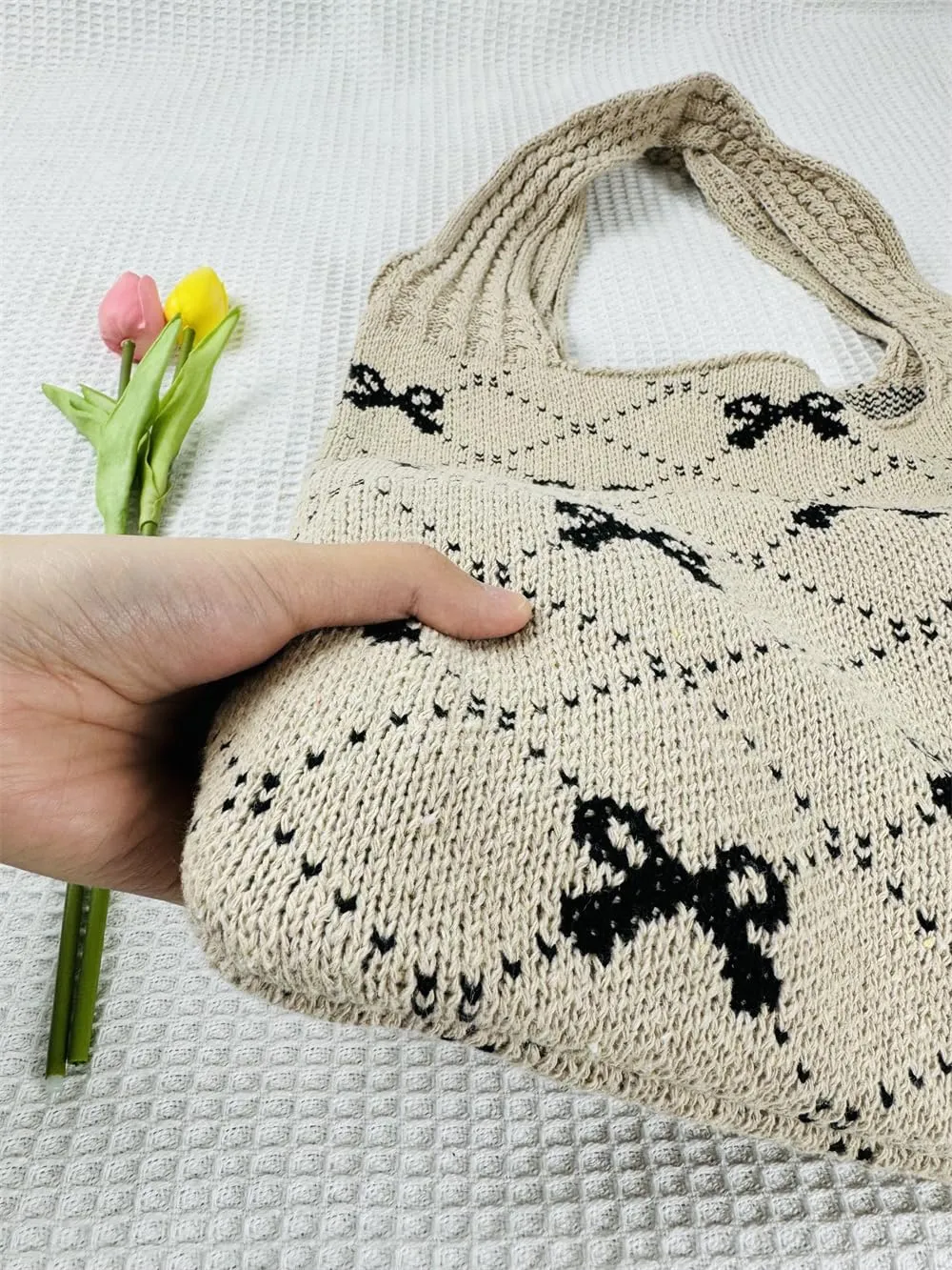 Pokn Heart Crochet Tote Bag Cute Purse for Women Cutecore Key Chain Y2K Accessories Valentines Aesthetic Handbags for Women