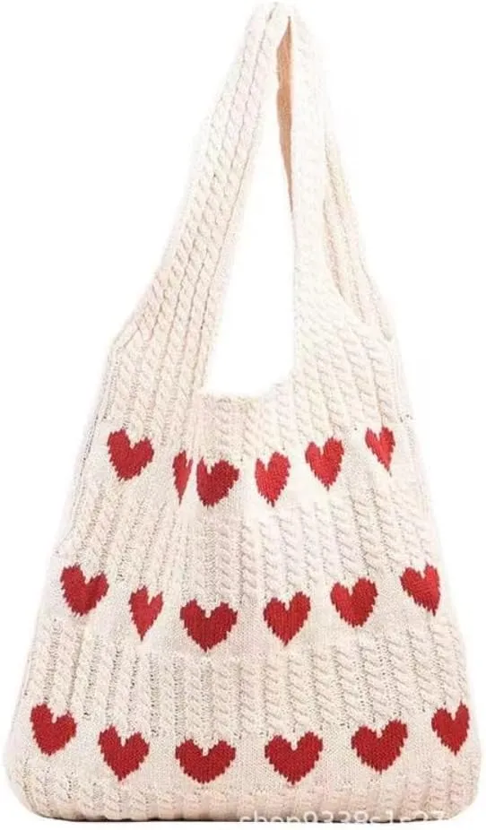 Pokn Heart Crochet Tote Bag Cute Purse for Women Cutecore Key Chain Y2K Accessories Valentines Aesthetic Handbags for Women