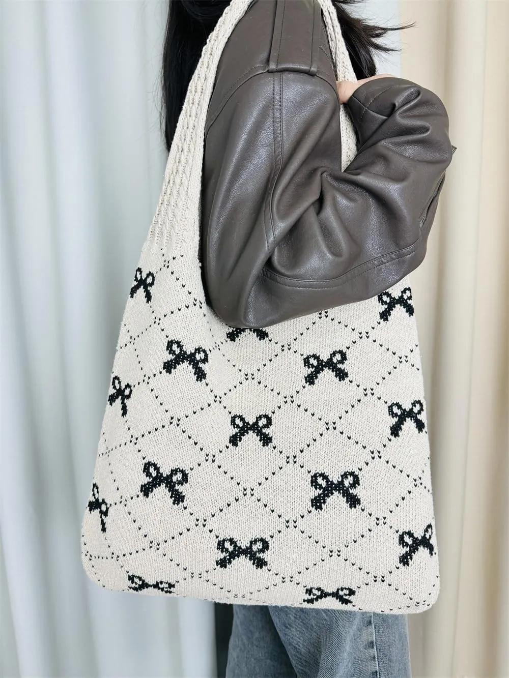 Pokn Heart Crochet Tote Bag Cute Purse for Women Cutecore Key Chain Y2K Accessories Valentines Aesthetic Handbags for Women