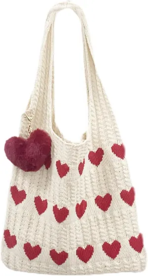 Pokn Heart Crochet Tote Bag Cute Purse for Women Cutecore Key Chain Y2K Accessories Valentines Aesthetic Handbags for Women