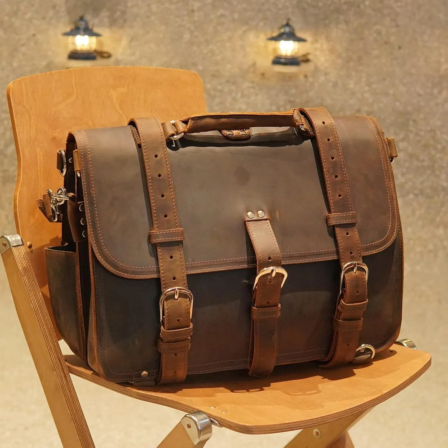 Polare Thick Full Grain Leather 16'' Briefcase Shoulder Messenger Bag for Men Fit 15.6'' Laptop