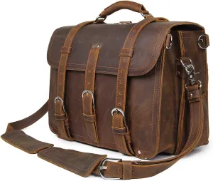 Polare Thick Full Grain Leather 16'' Briefcase Shoulder Messenger Bag for Men Fit 15.6'' Laptop