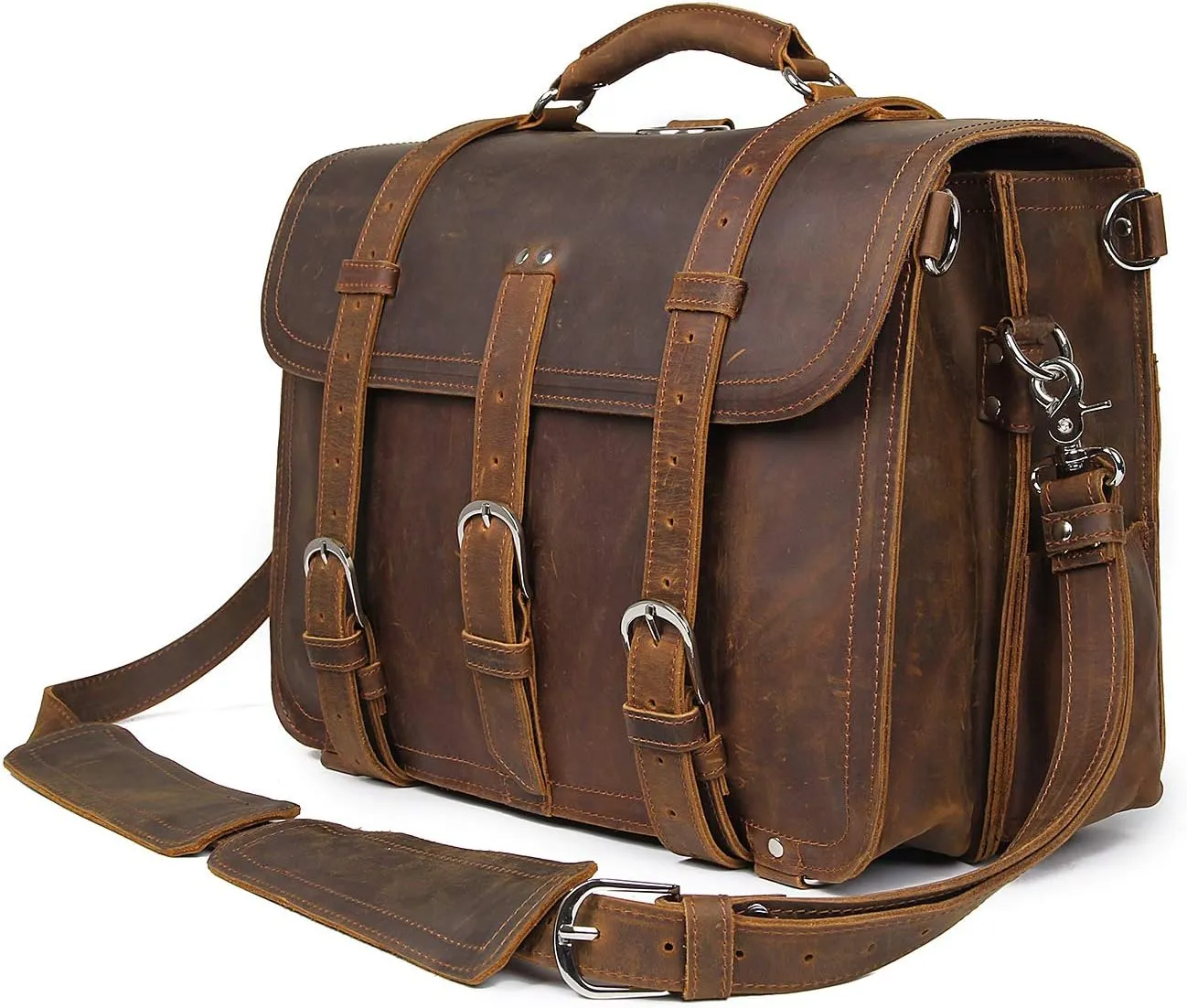 Polare Thick Full Grain Leather 16'' Briefcase Shoulder Messenger Bag for Men Fit 15.6'' Laptop