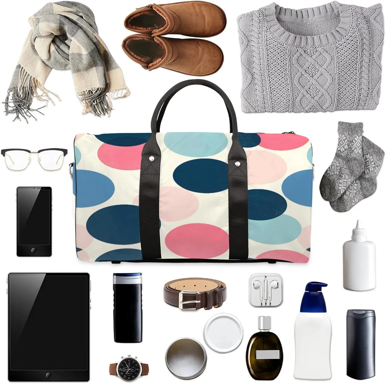 Polka Dots Duffle Bag for Travel, Overnight Weekend Gym Carry On Luggage Bag, Circle Travel Duffel Bag for Men Women