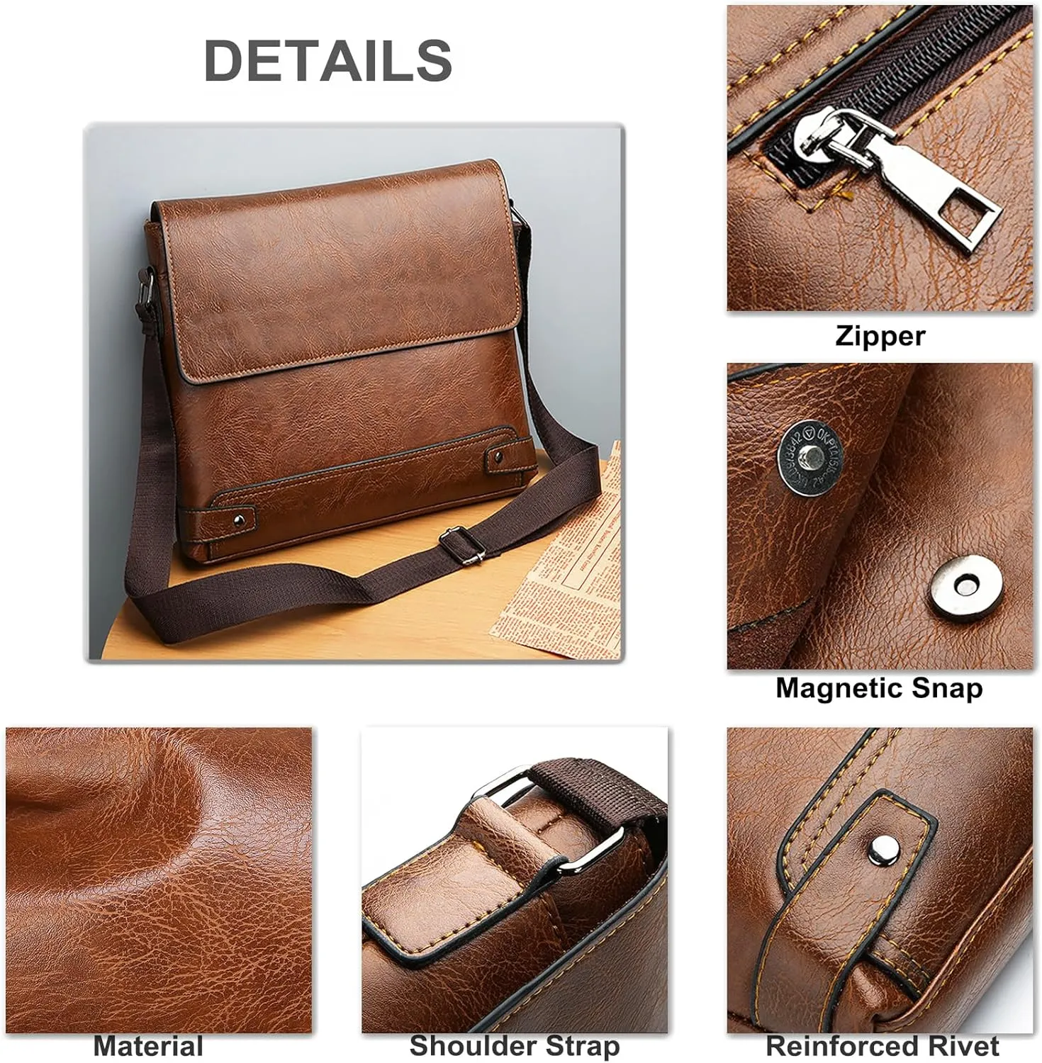 PORT&LOTUS Messenger Bags for Men - Small PU Leather Crossbody Bags