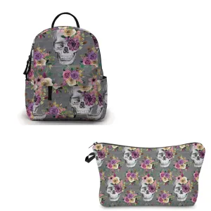 Pouch & Mini Backpack Set - Skull Floral on Grey