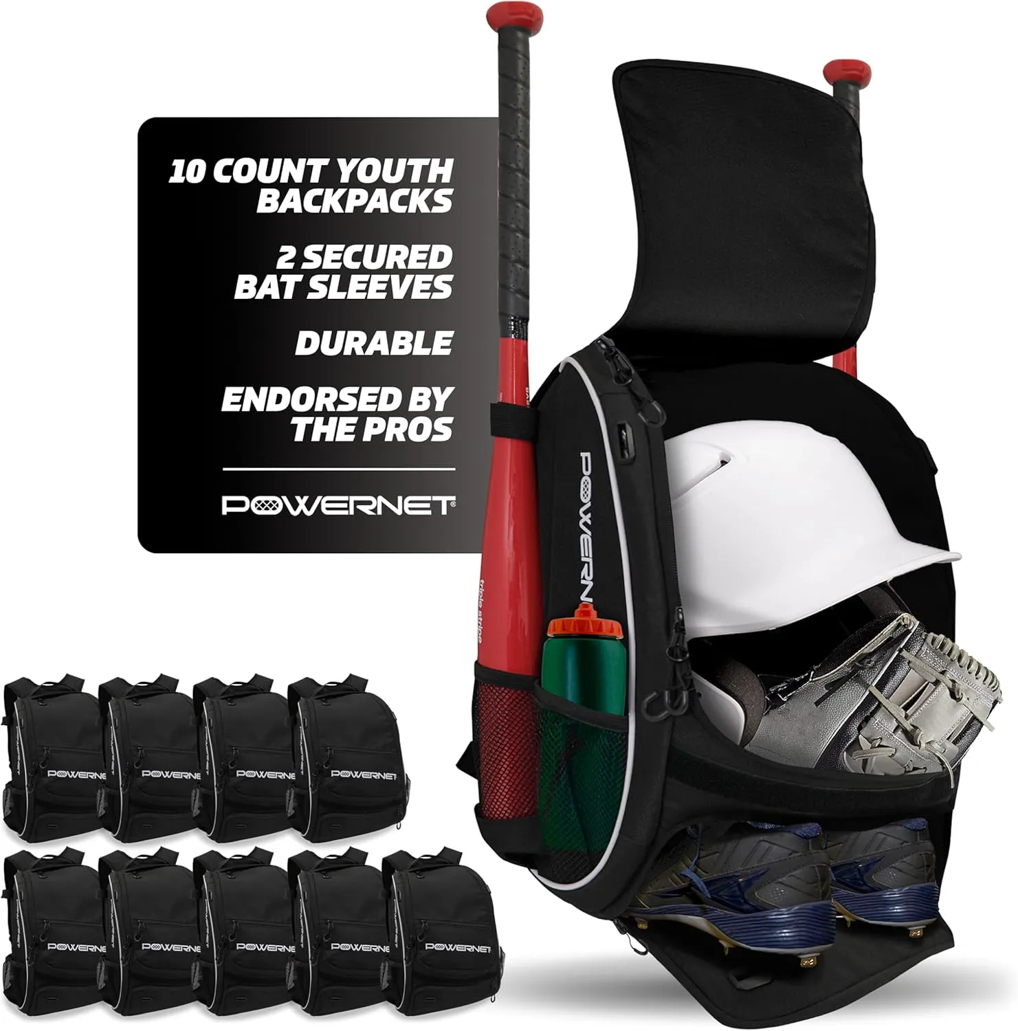 PowerNet Starter Backpack, Softball & Baseball Bag, Organized Pockets for Baseball Accessories, Helmet, Gloves, Catchers Gear & Baseball Bat Sleeves, Youth Travel Sports Backpack for Teams