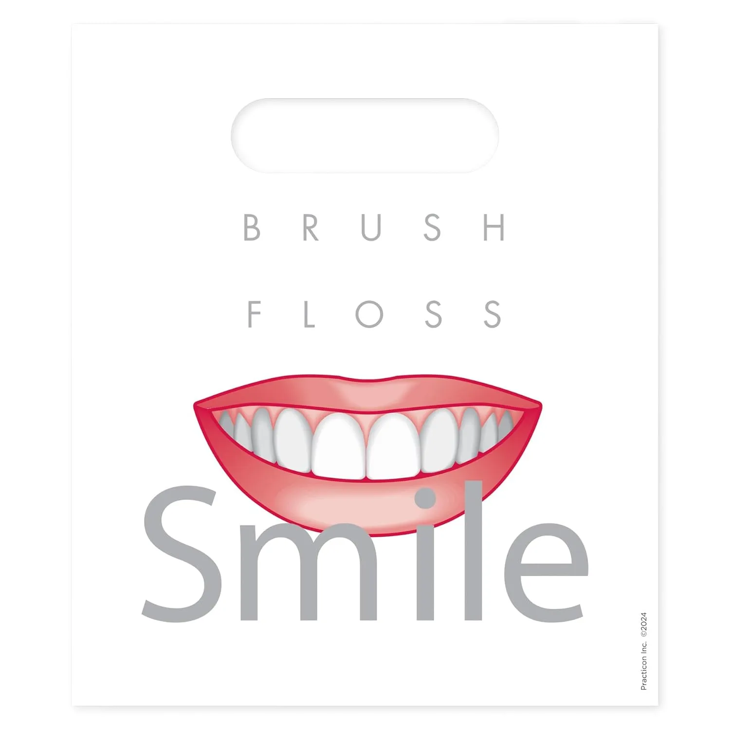 Practicon Brush Floss & Smile 7-3/4" x 9" Dental Giveaway Bag, Dental Hygiene Patient Care Goodie Bag, Dentist Office Plastic Gift Bags, 100 Pack