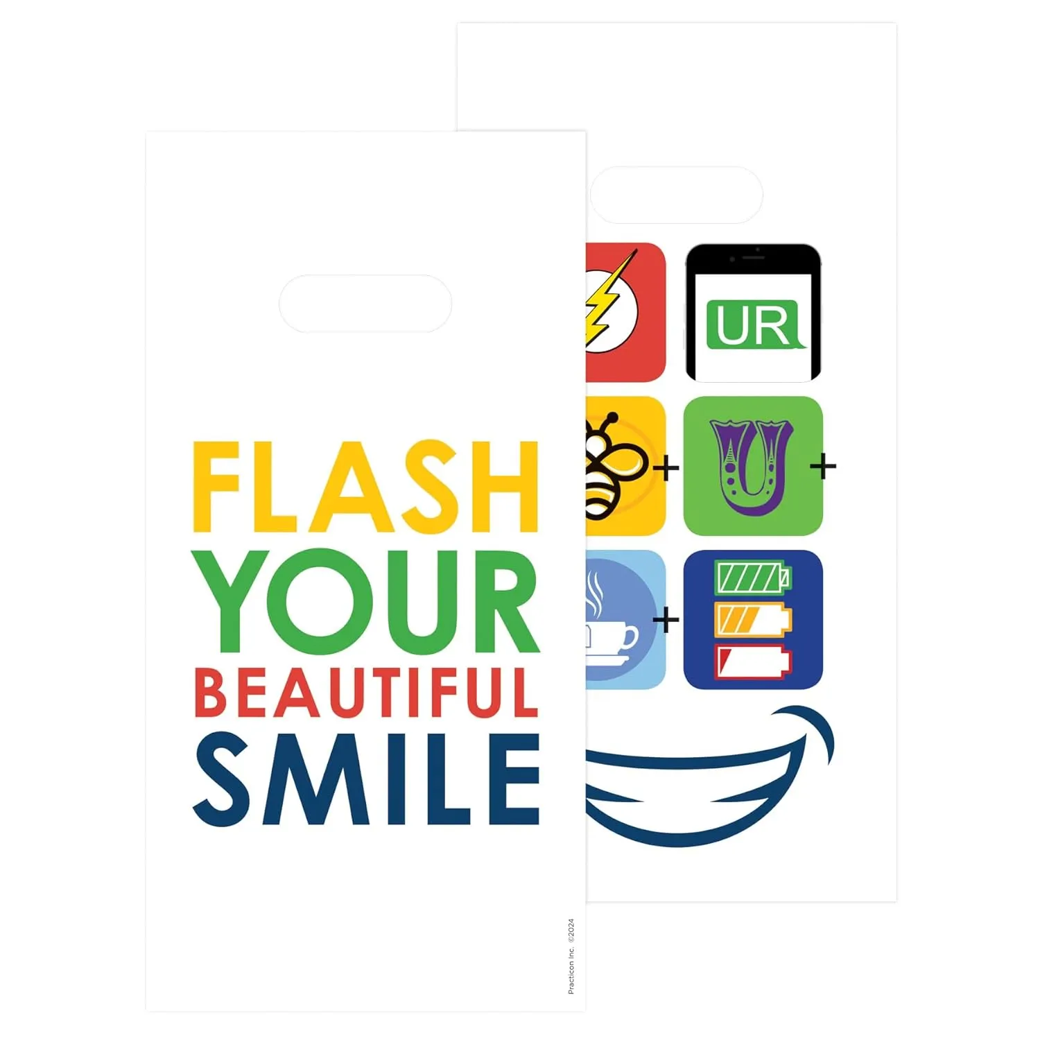 Practicon Flash Your Beautiful Smile 6" x 12" Dental Giveaway Bag, Dental Hygiene Patient Care Goodie Bag, Dentist Office Plastic Gift Bags, 100 Pack