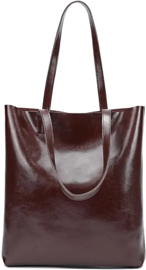 Premium Vintage Waxed Cowhide Vertical Shoulder Tote Bag - Spacious Genuine Leather High-end Handbag