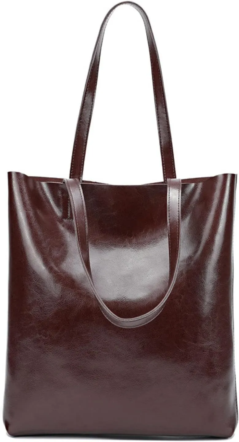 Premium Vintage Waxed Cowhide Vertical Shoulder Tote Bag - Spacious Genuine Leather High-end Handbag