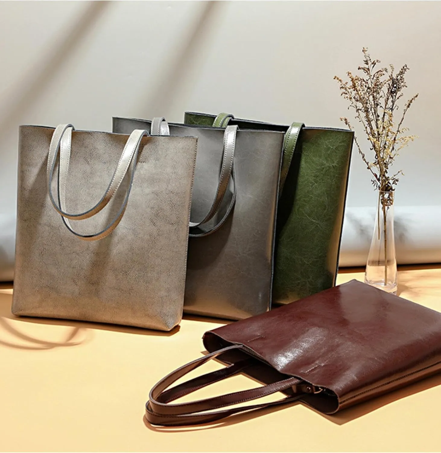 Premium Vintage Waxed Cowhide Vertical Shoulder Tote Bag - Spacious Genuine Leather High-end Handbag