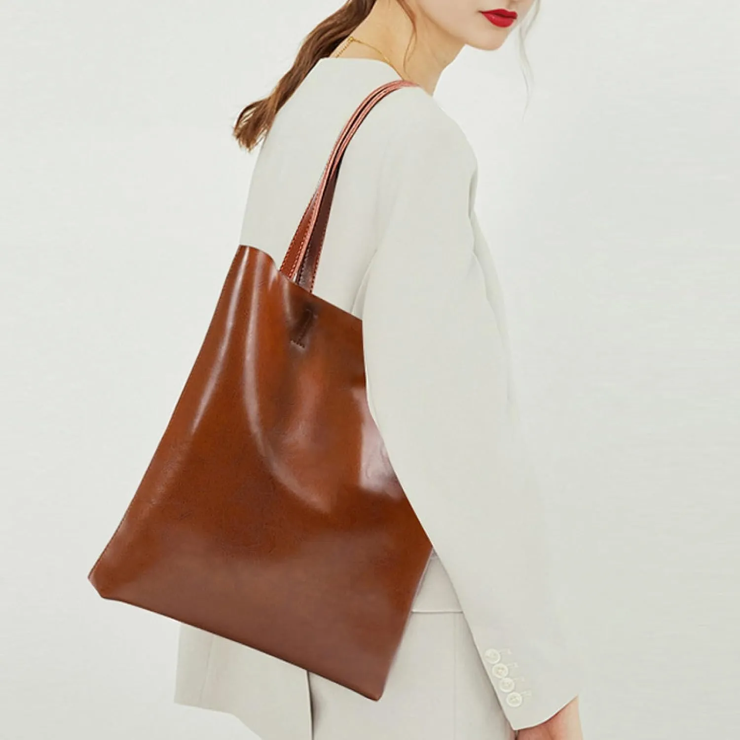 Premium Vintage Waxed Cowhide Vertical Shoulder Tote Bag - Spacious Genuine Leather High-end Handbag