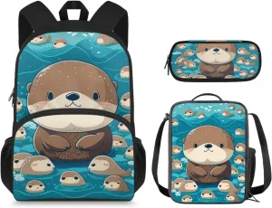 Preschool Backpack and Lunch Box Set Cute Otter School Bags Lightweight Elementary Bookbag for Students Gift for Birthdays, Thanksgiving Day, Christmas, New Year, Back to School