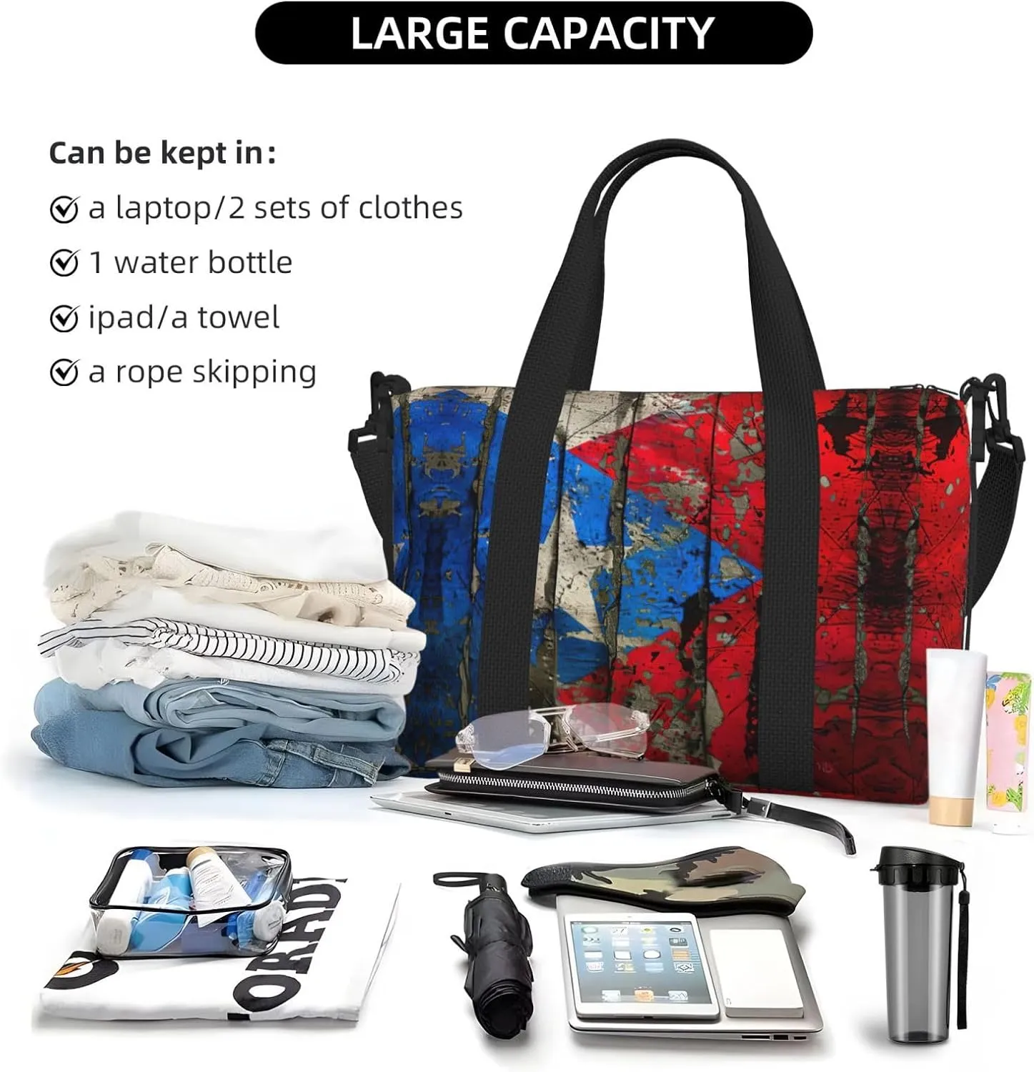 Puerto Rico Wallpaper Flag Women Travel Duffel Bag, Large Weekender Carry-On Tote, Gym Workout Bag,Mommy Hospital Bag