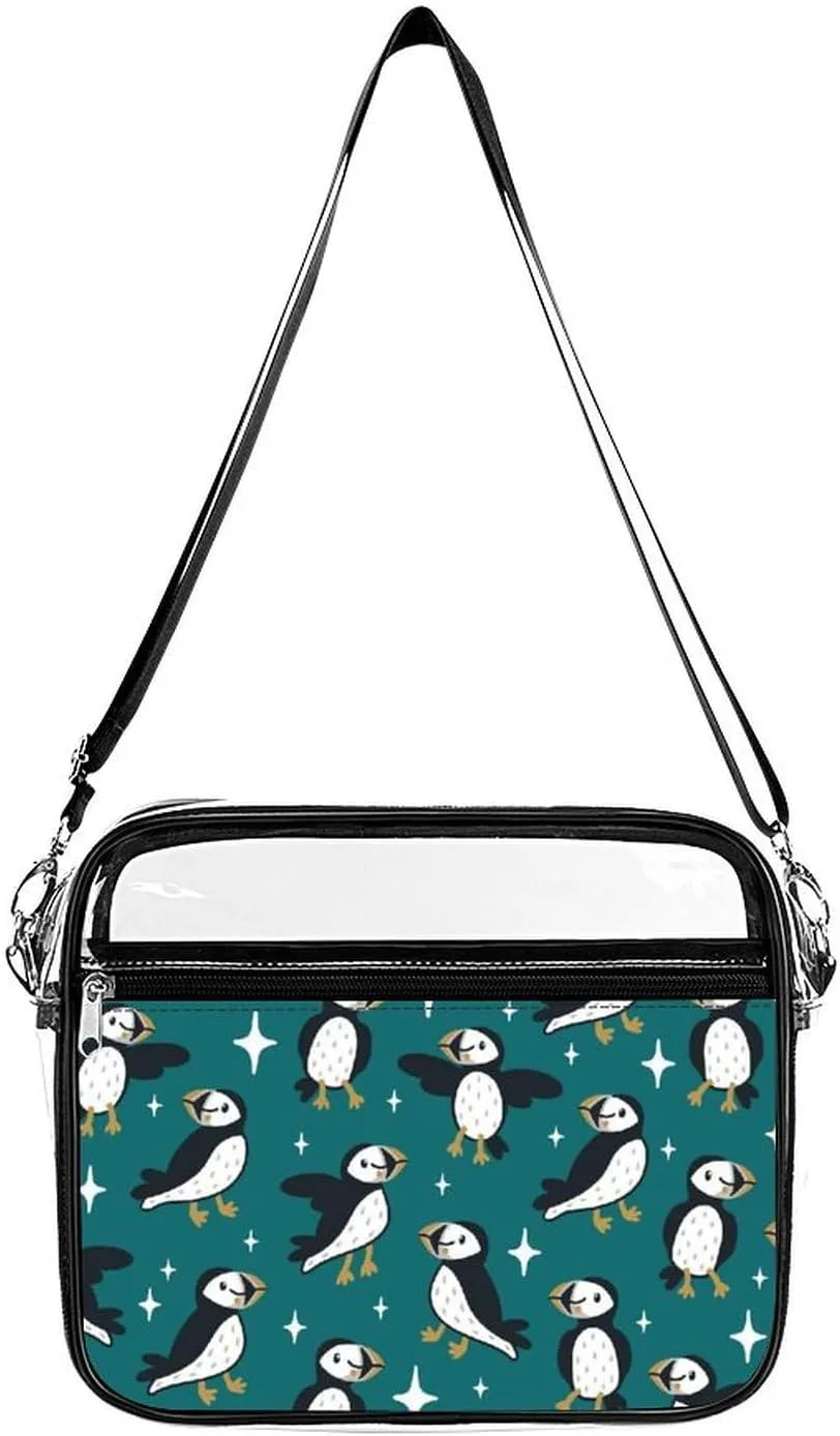 Puffins with Stars Clear Crossbody Bag with Adjustable Shoulder Strap PVC Clear Purse Messenger Bag for Men Women
