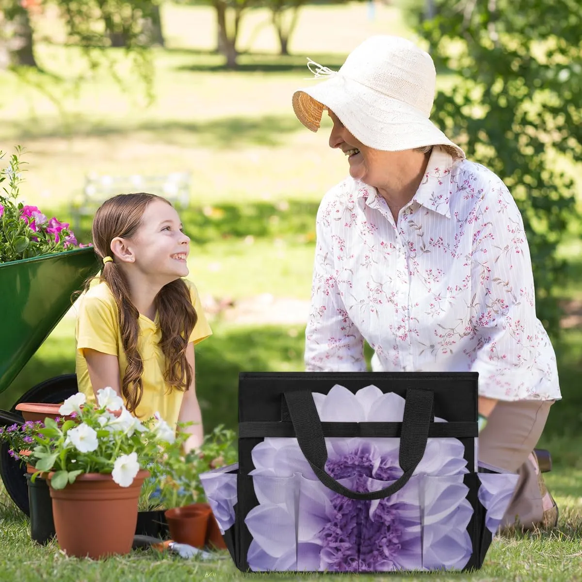 Purple Dahlia Garden Tool Bag Waterproof Gardening Tool Storage Bag with Handle & 10 Pockets Gardening Tote Bag for Women Garden Tool Organizer
