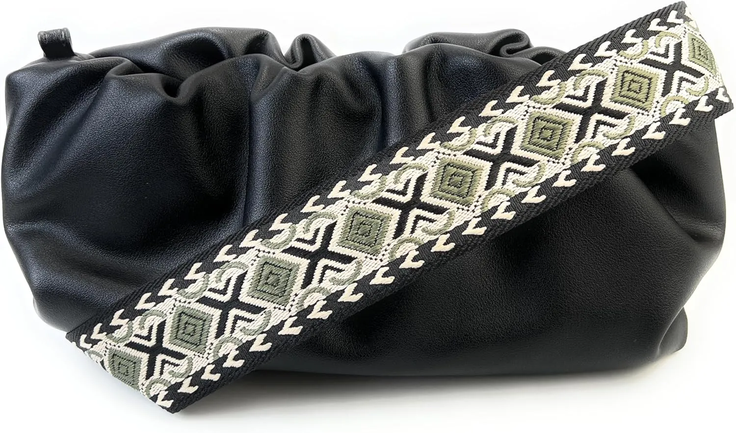 Purse Strap Replacement Crossbody 2 Inch Wide Green Khaki Black Diamond Jacquard Weave with Silver Hooks Ethnic Guitar Style Adjustable Canvas Straps
