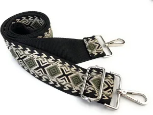 Purse Strap Replacement Crossbody 2 Inch Wide Green Khaki Black Diamond Jacquard Weave with Silver Hooks Ethnic Guitar Style Adjustable Canvas Straps