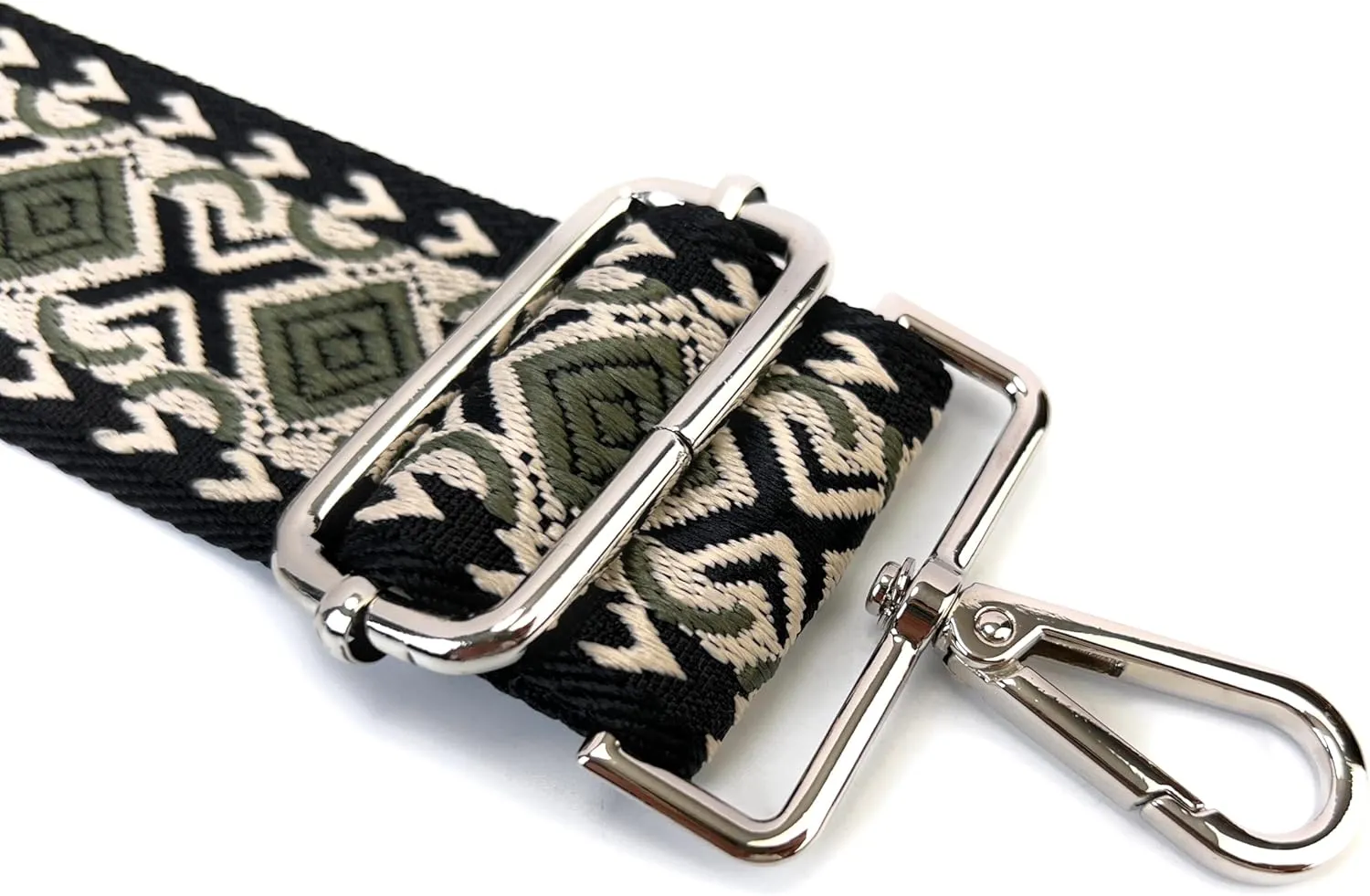 Purse Strap Replacement Crossbody 2 Inch Wide Green Khaki Black Diamond Jacquard Weave with Silver Hooks Ethnic Guitar Style Adjustable Canvas Straps