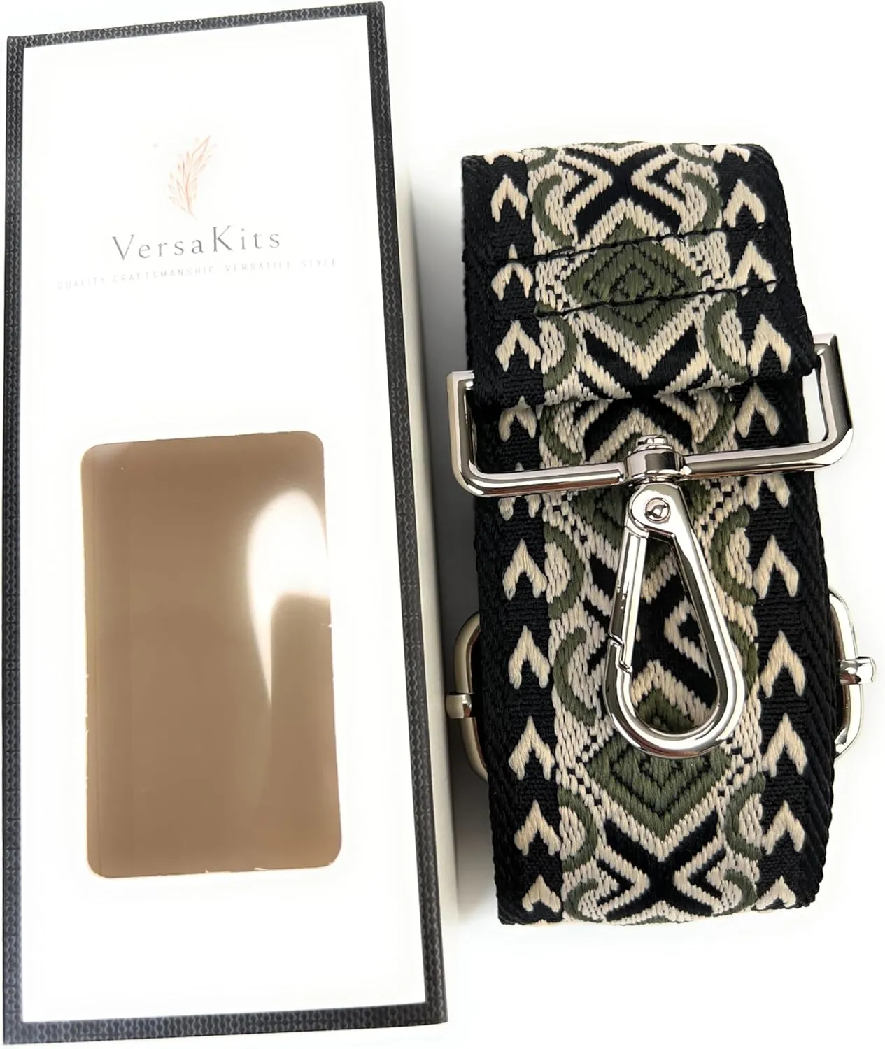 Purse Strap Replacement Crossbody 2 Inch Wide Green Khaki Black Diamond Jacquard Weave with Silver Hooks Ethnic Guitar Style Adjustable Canvas Straps