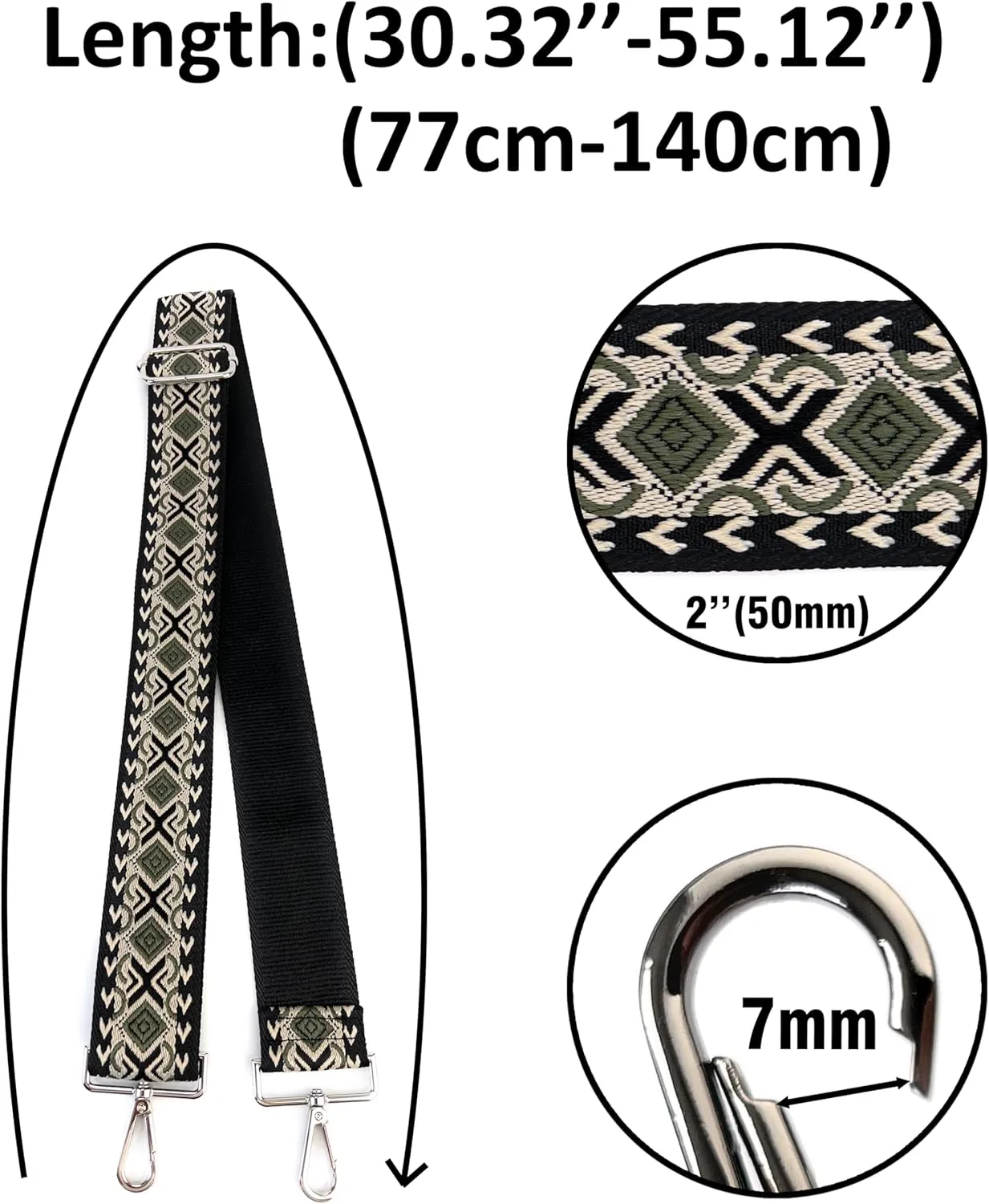 Purse Strap Replacement Crossbody 2 Inch Wide Green Khaki Black Diamond Jacquard Weave with Silver Hooks Ethnic Guitar Style Adjustable Canvas Straps