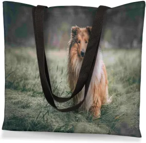 QsirBC Rough Collie Meadow Canvas Tote Bag for Women Reusable Shoulder Totebag with Pocket Casual Handbag for Shopping Work Travel Gift