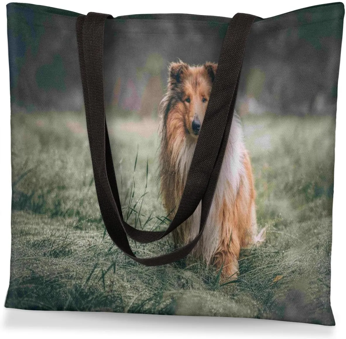 QsirBC Rough Collie Meadow Canvas Tote Bag for Women Reusable Shoulder Totebag with Pocket Casual Handbag for Shopping Work Travel Gift