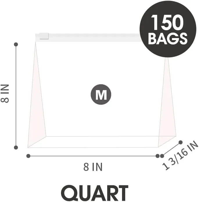 Quart Slider Storage Bags- 150 Count, Featuring Expandable Bottom, Zero BPA, Microwave-Safe(6 boxes of 25)