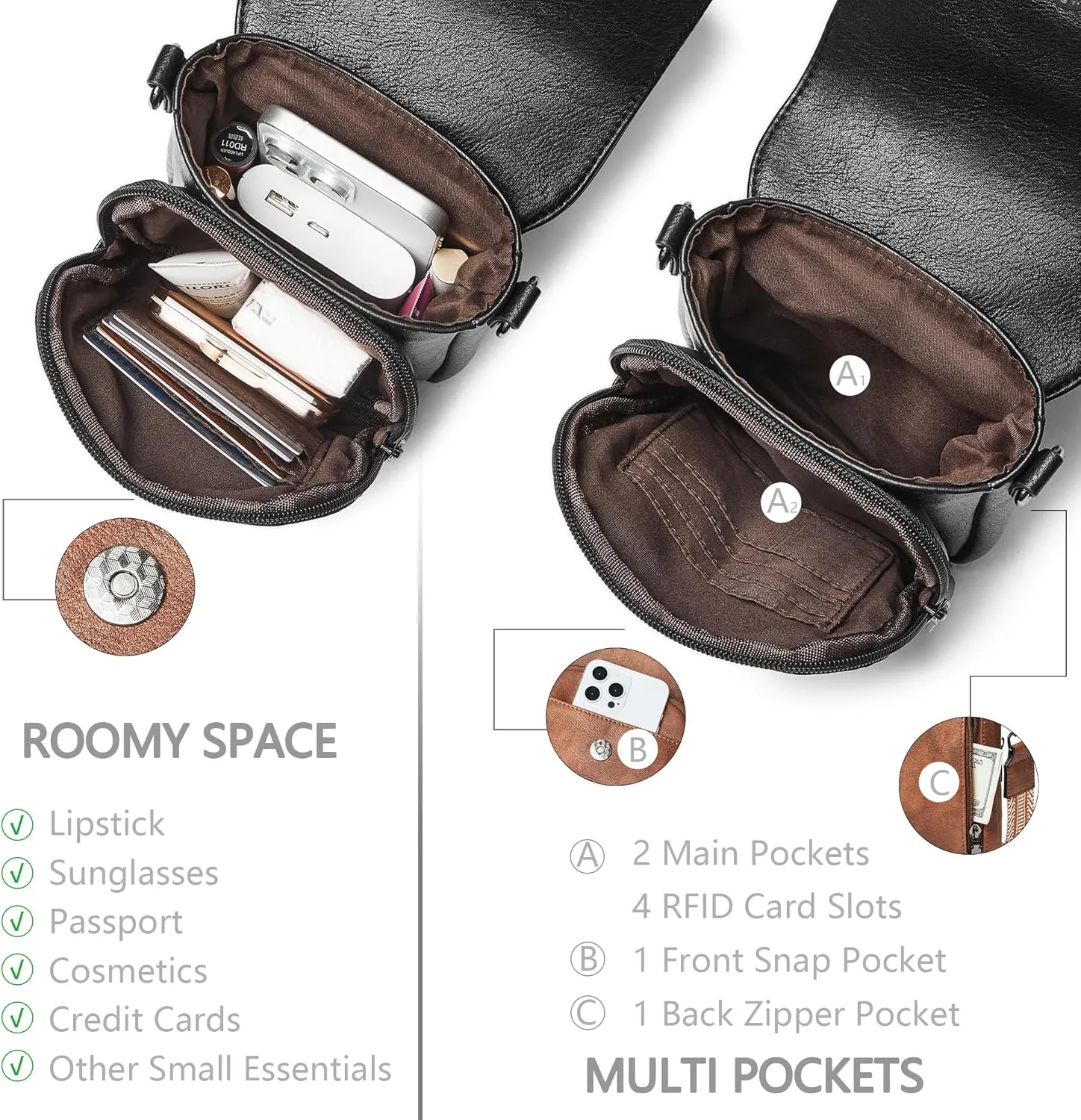 Quilted Crossbody Bags for Women 3-Pockets Crossbody Purses Vegan Leather Shoulder Handbags with Wide Strap