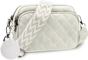 Quilted Purses for Women Crossbody Purse Small Crossbody Bag Leather Shoulder Handbags Wide Guitar Strap Purse