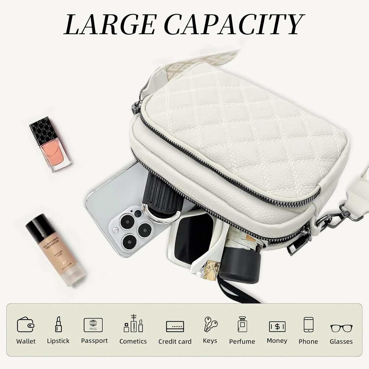 Quilted Purses for Women Crossbody Purse Small Crossbody Bag Leather Shoulder Handbags Wide Guitar Strap Purse