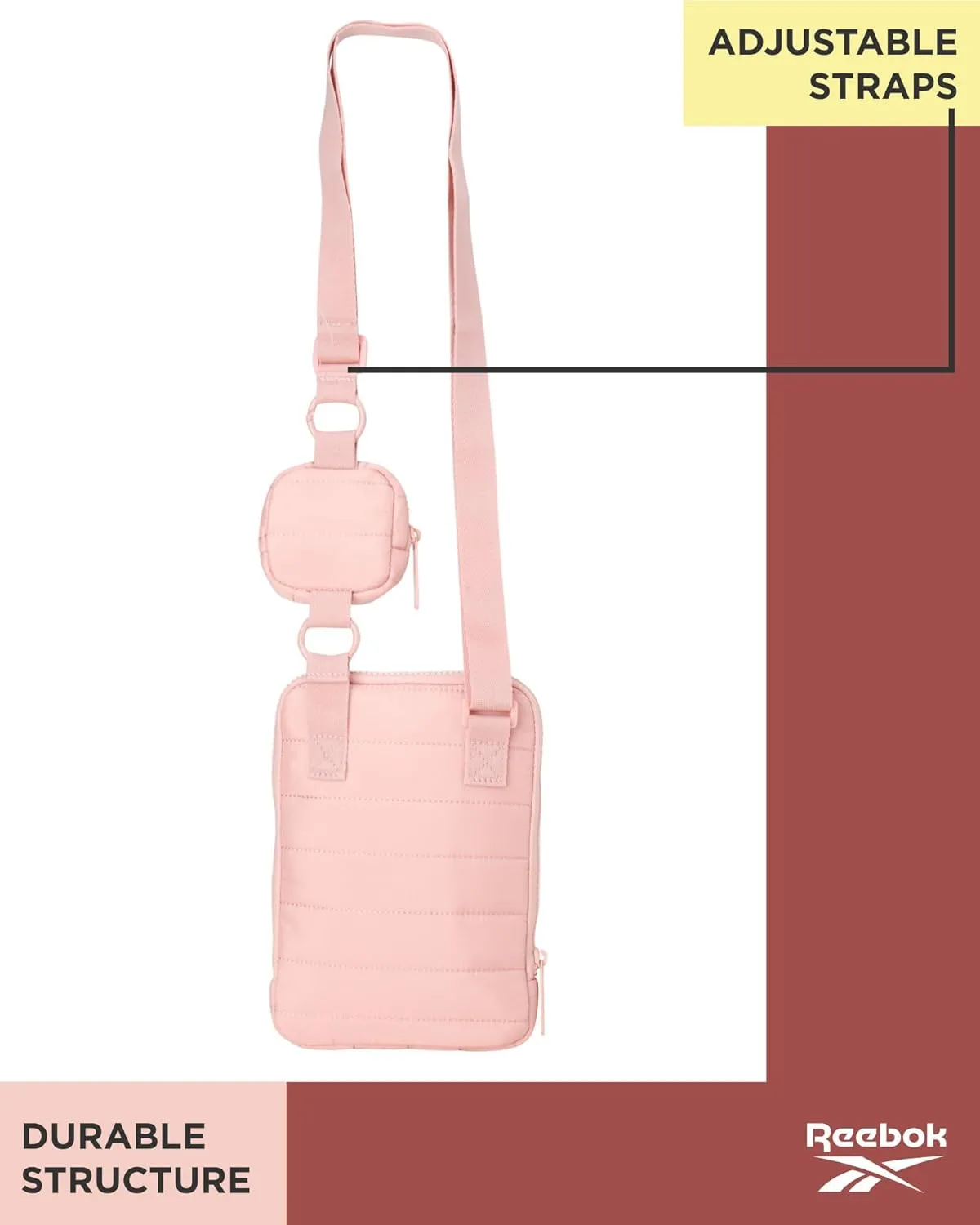 Reebok Women's Crossbody Bag - Quilted Nylon Sling Bag Travel Purse with Adjustable Strap and Secure Zipper Closures