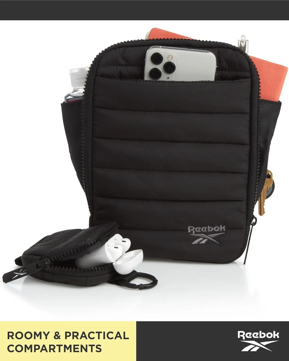 Reebok Women's Crossbody Bag - Quilted Nylon Sling Bag Travel Purse with Adjustable Strap and Secure Zipper Closures