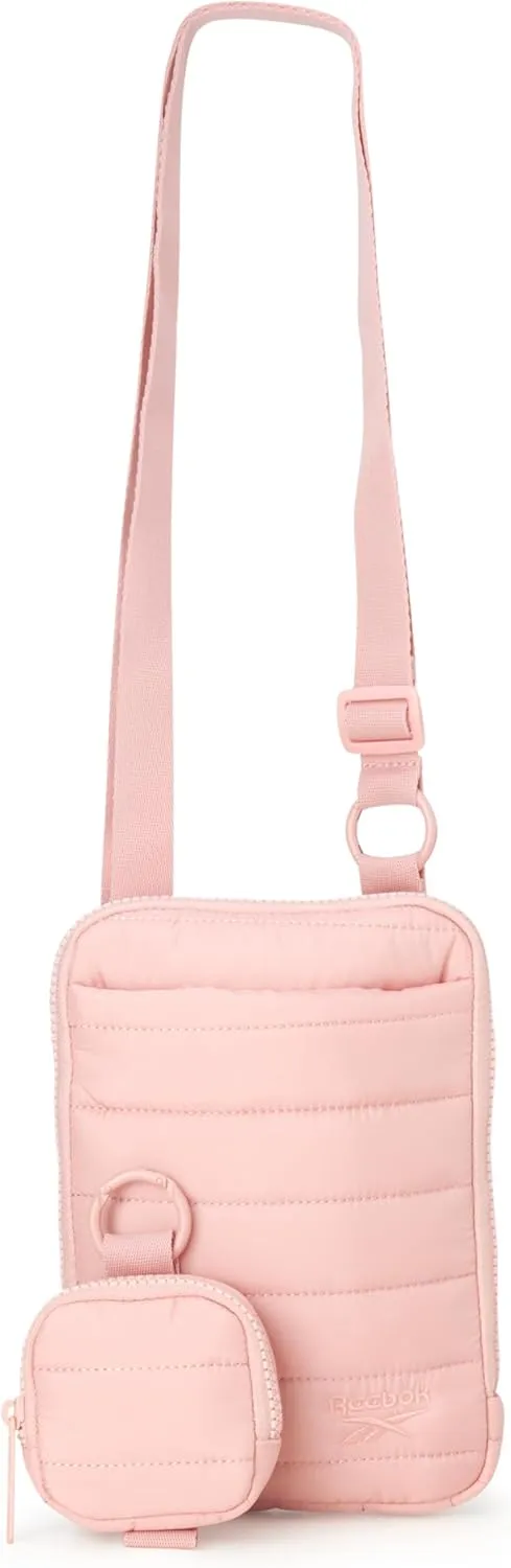 Reebok Women's Crossbody Bag - Quilted Nylon Sling Bag Travel Purse with Adjustable Strap and Secure Zipper Closures