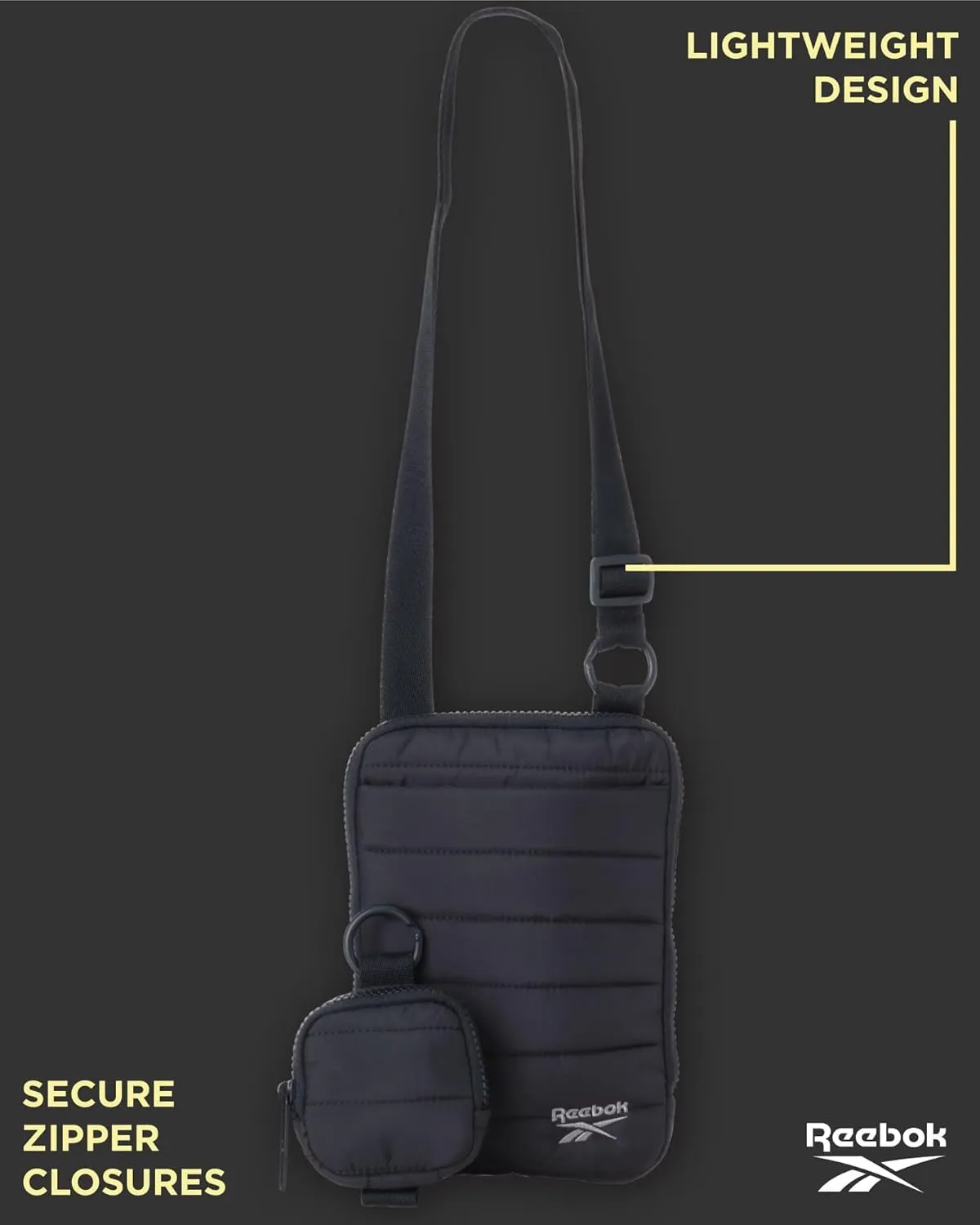 Reebok Women's Crossbody Bag - Quilted Nylon Sling Bag Travel Purse with Adjustable Strap and Secure Zipper Closures