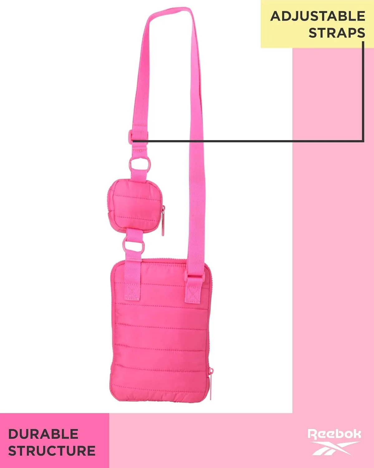 Reebok Women's Crossbody Bag - Quilted Nylon Sling Bag Travel Purse with Adjustable Strap and Secure Zipper Closures