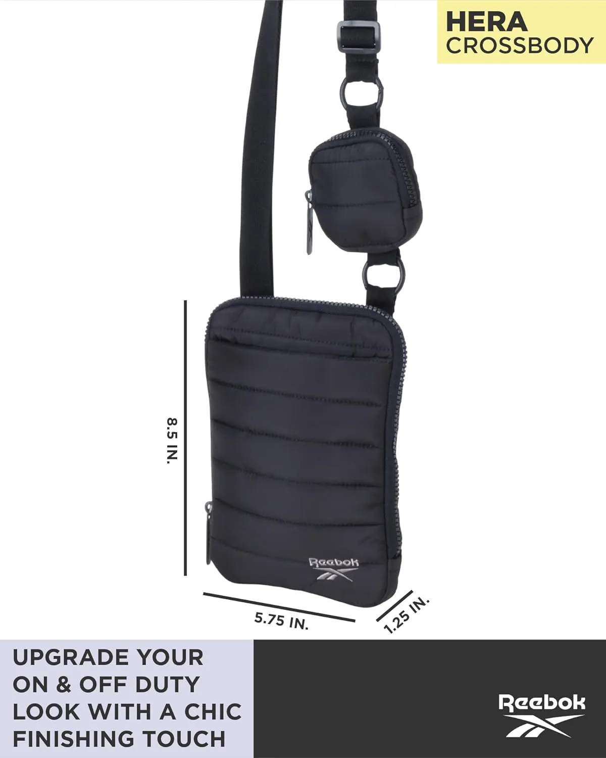 Reebok Women's Crossbody Bag - Quilted Nylon Sling Bag Travel Purse with Adjustable Strap and Secure Zipper Closures