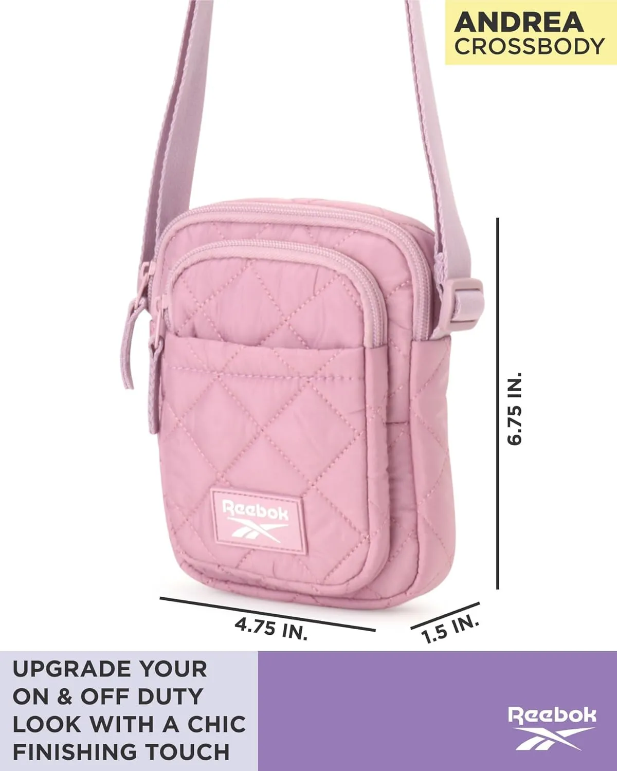 Reebok Women's Crossbody Bag - Quilted Nylon Sling Bag Travel Purse with Adjustable Strap and Secure Zipper Closures