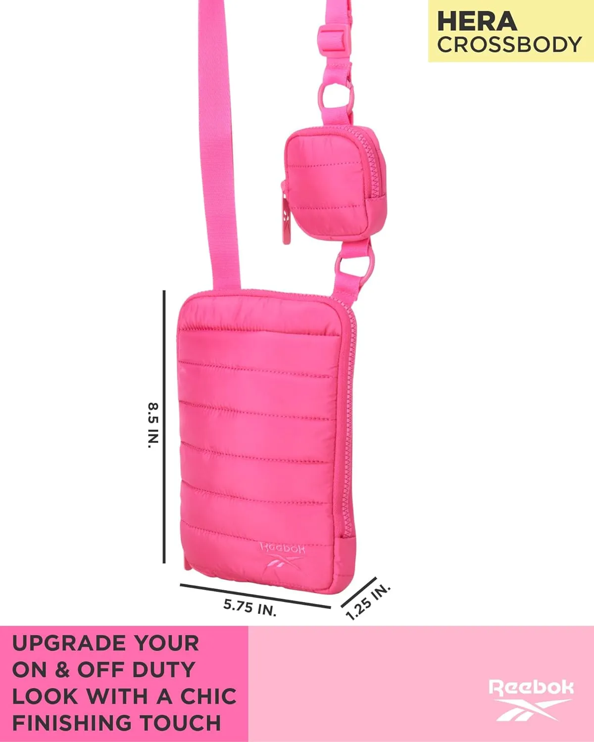 Reebok Women's Crossbody Bag - Quilted Nylon Sling Bag Travel Purse with Adjustable Strap and Secure Zipper Closures